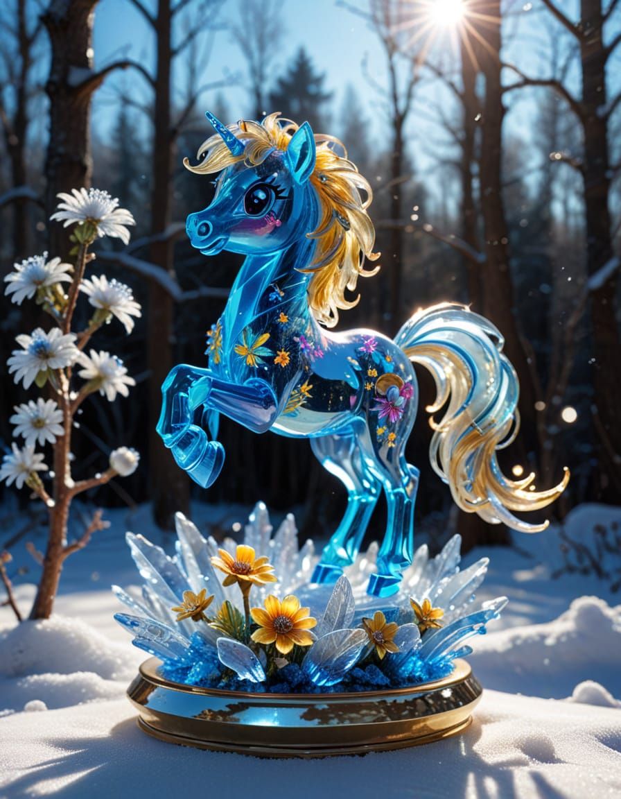 Luminescent Crystal Pony Sculpture in Snowy Forest
