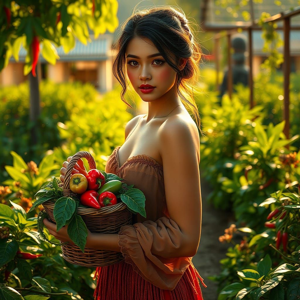 Woman in Garden with Vegetables, Matte Painting