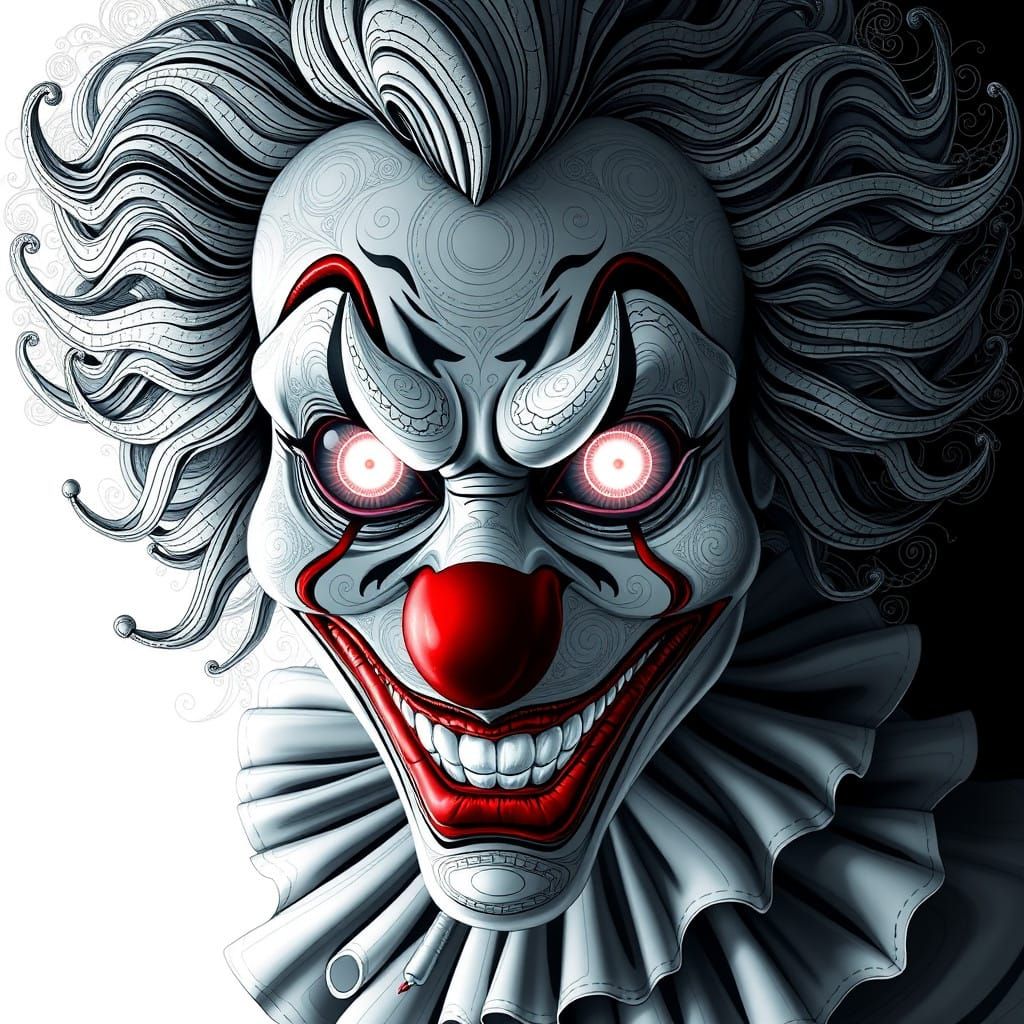 Fractal Clown Portrayal with Glowing Eyes in Zentangle Style