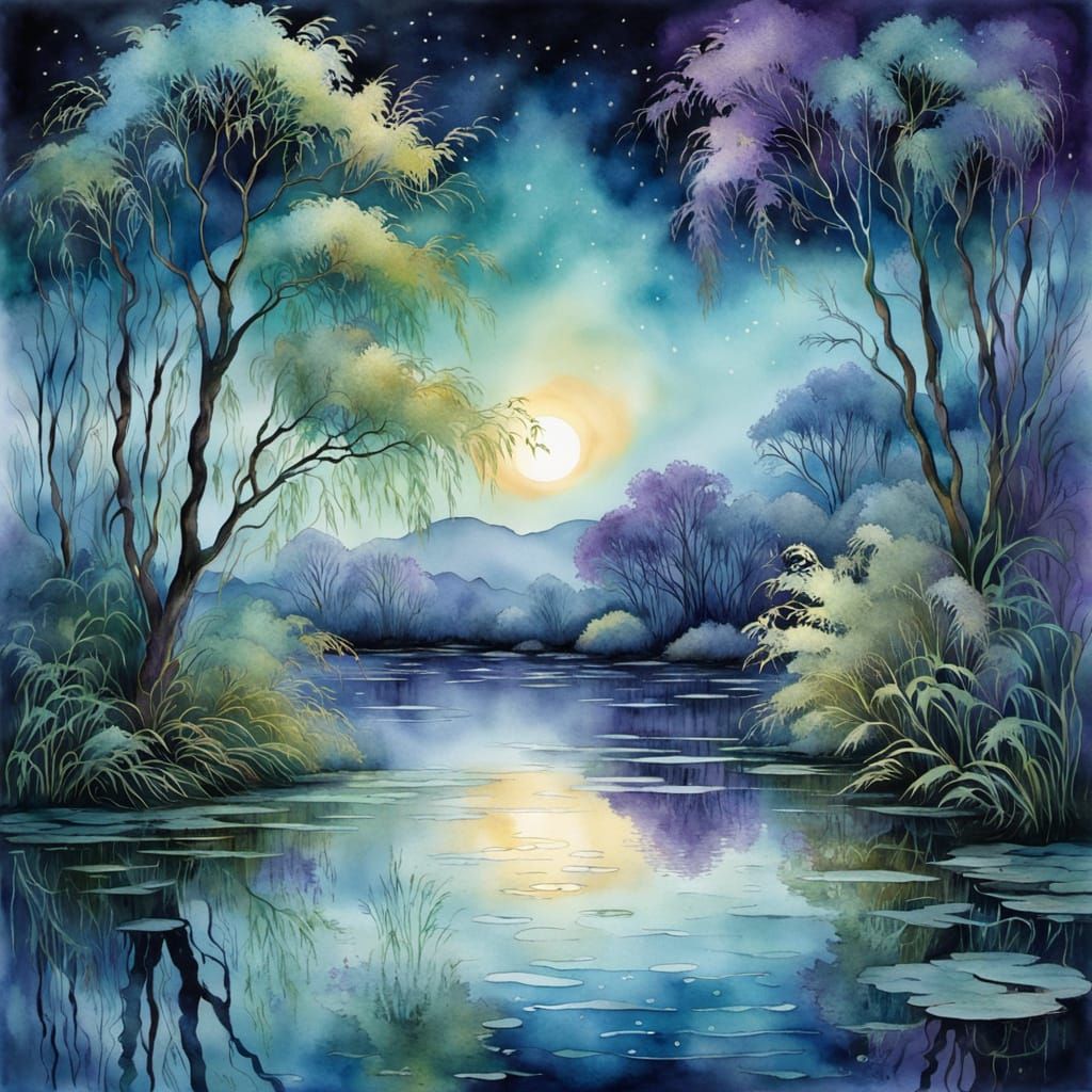 Luminous Watercolour Willow Reflections in Still Pond