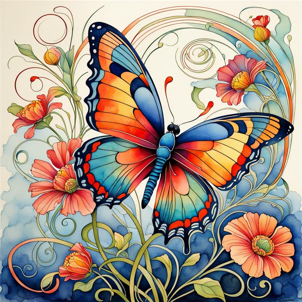 Art Nouveau Butterfly on Flower Tendrils