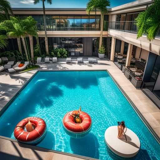 Hotel Pool with Palm Trees and Drinks in Hyperrealism