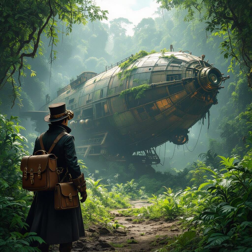 Steampunk Airship Wreckage in Overgrown Jungle
