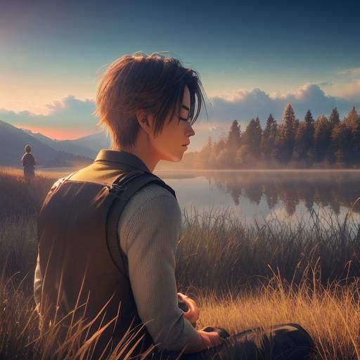 Meditating Man in Field at Sunrise: 3D Render