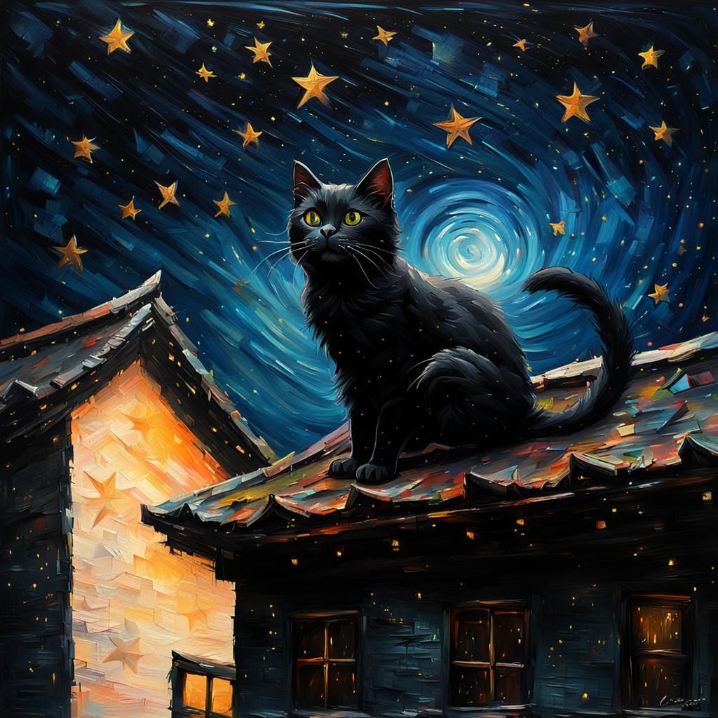 Black Cat on Japanese Roof: Impressionist Oil Painting