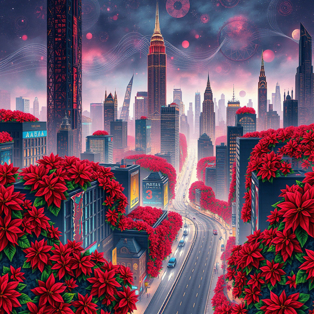 Christmas Poinsettia Cityscape with Abstract Fractal Pattern...