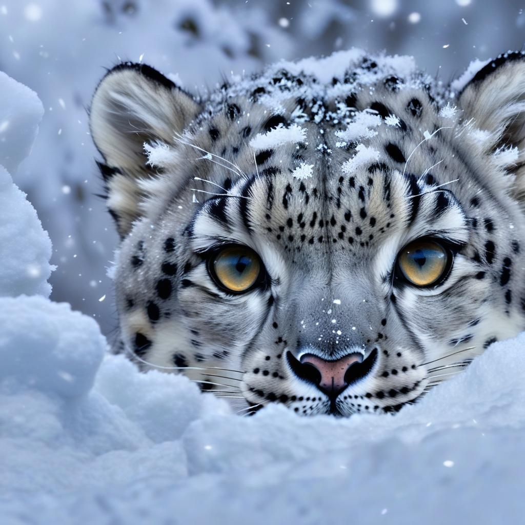 Snow Leopard Portrait in Blizzard of Snowflakes