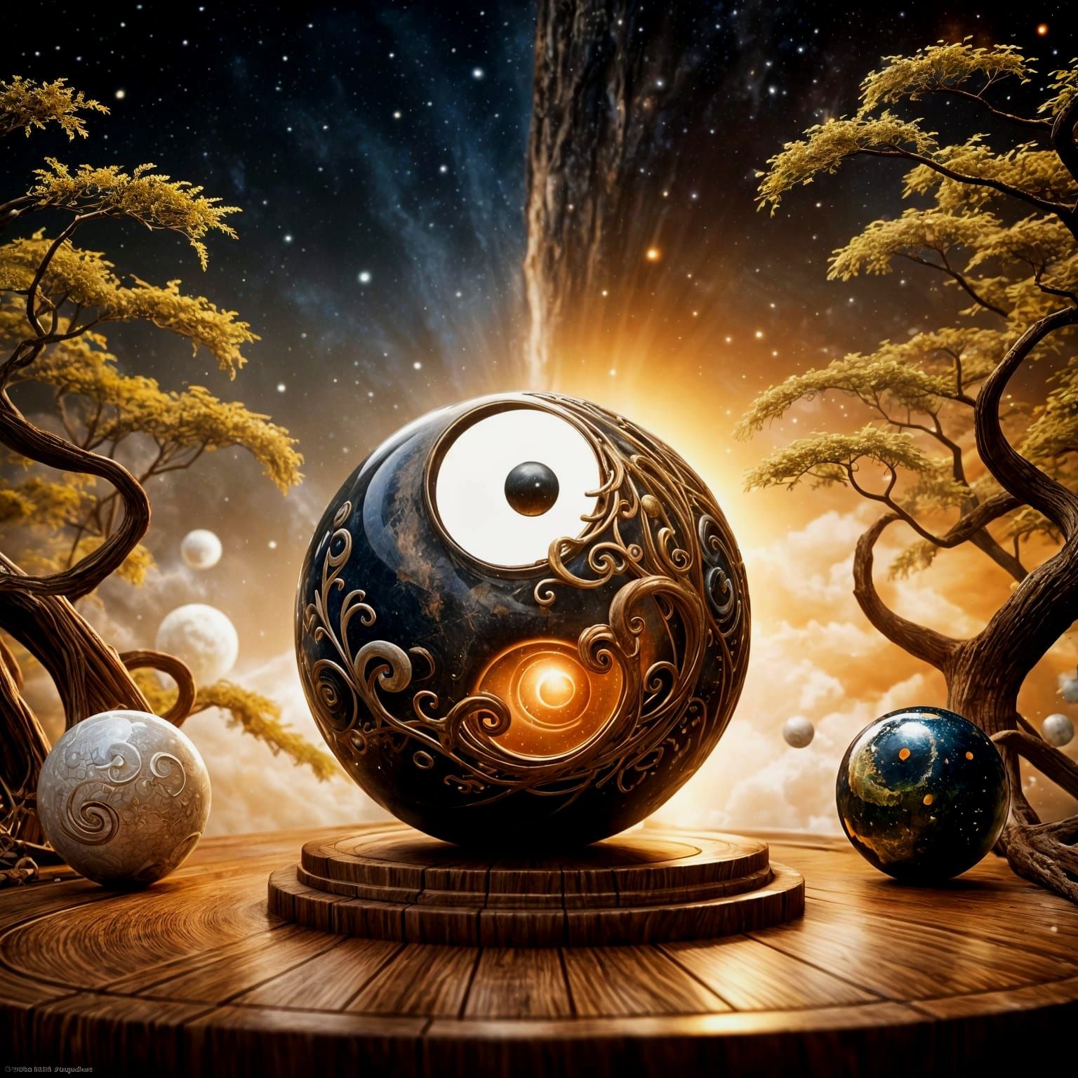 Elemental Orbs Around Yin Yang Symbol in 3D Render