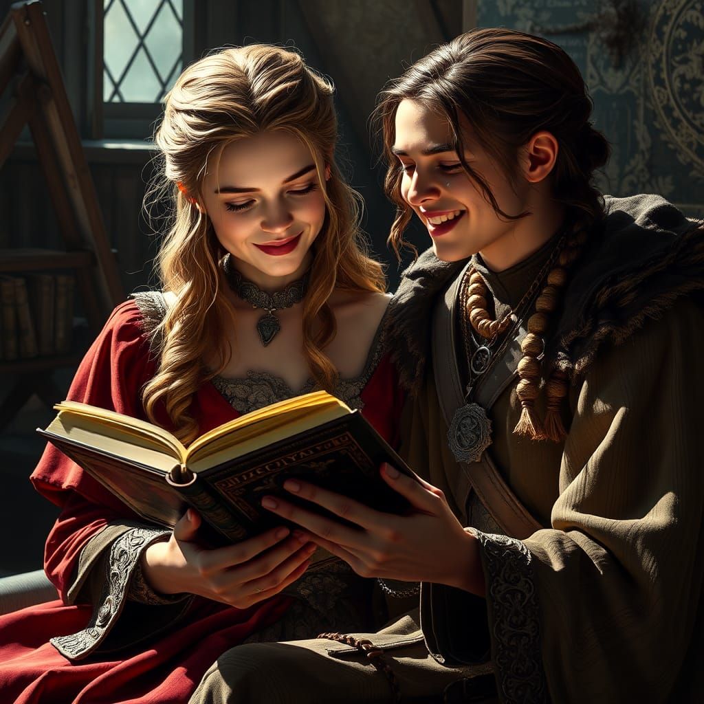 Shireen and Arya Reading, Art Nouveau Portrait