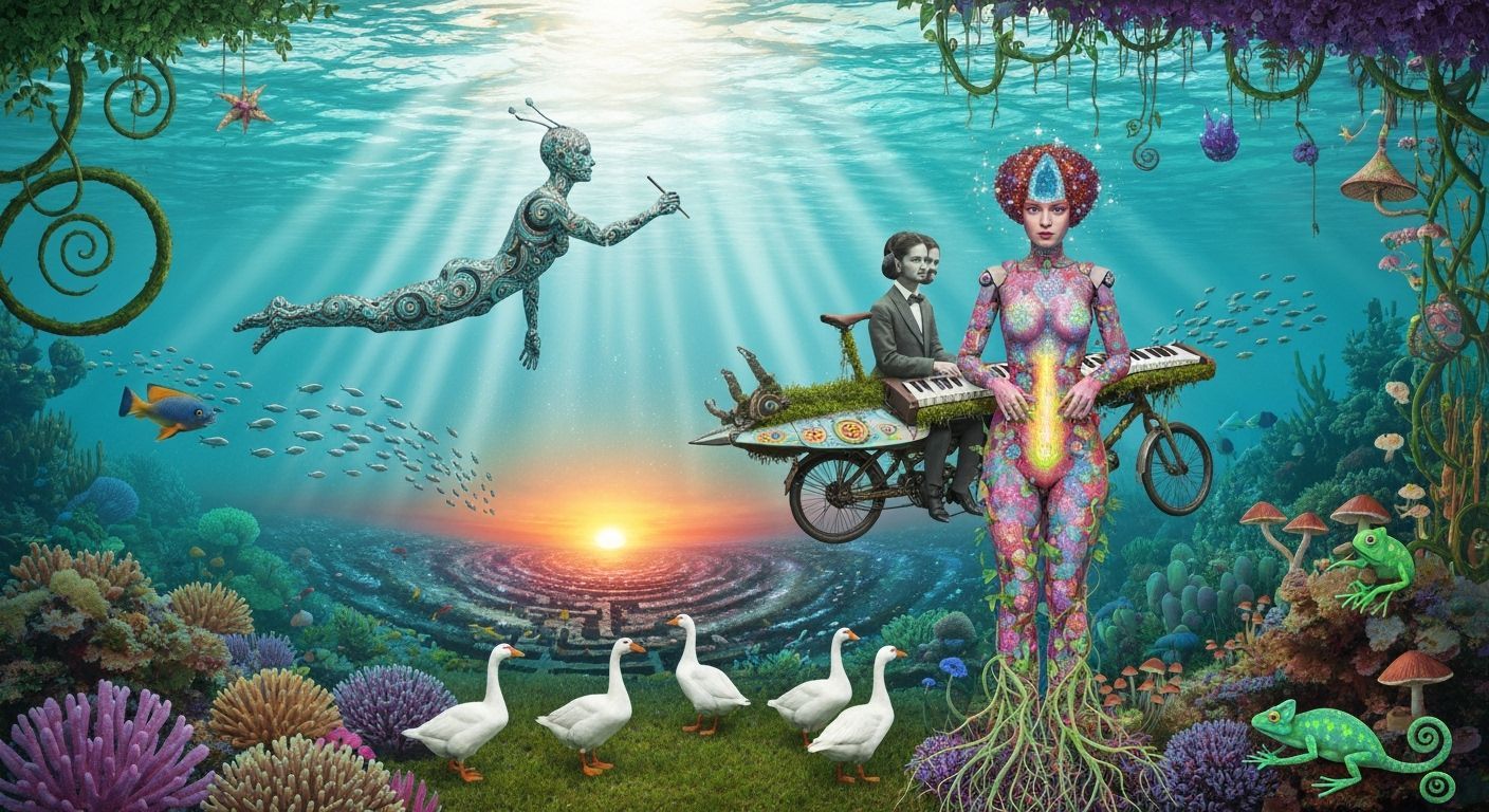 Surreal Underwater World with Fractal Figure and Bioluminesc...