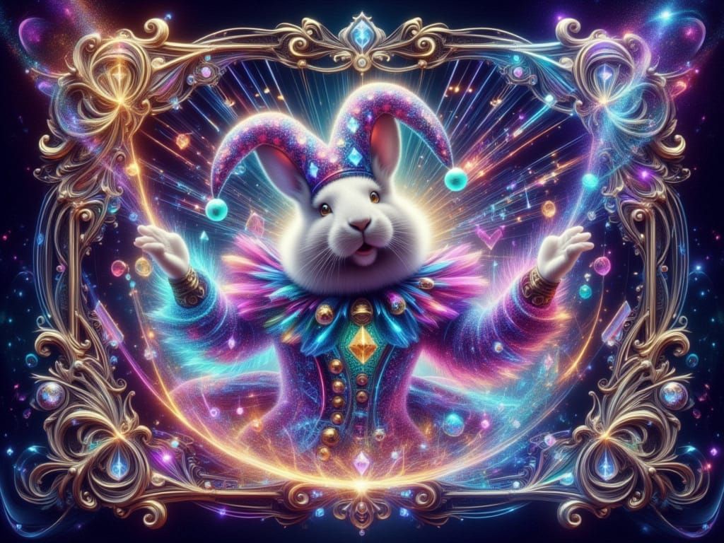 Rabbit Jester Bursting Through Cyberpunk Arcane Card