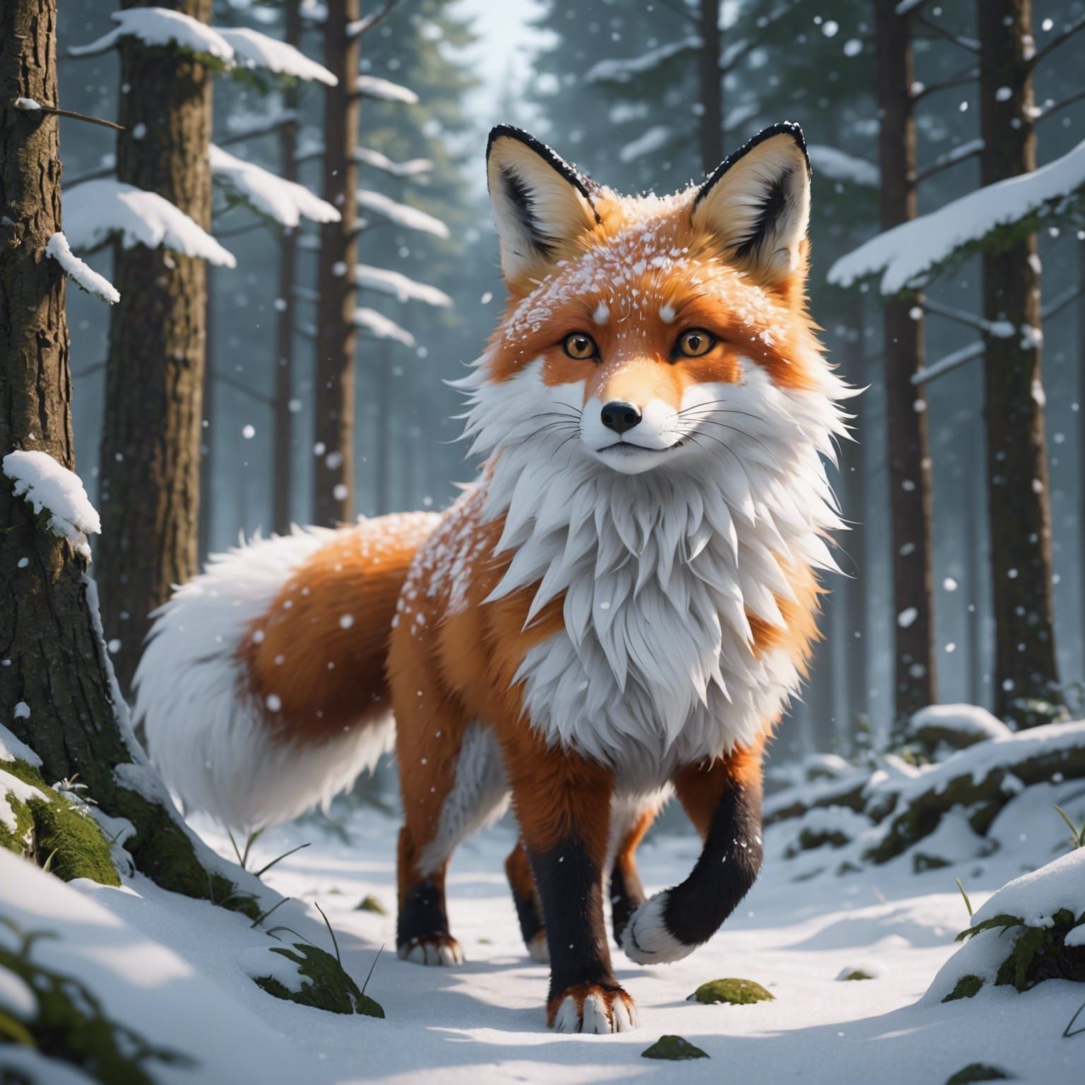 Cute Anime Fox Walking in Snowy Forest