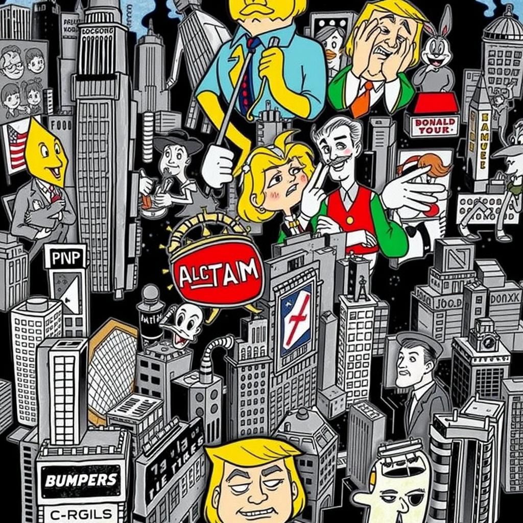 Cartoon Duck Poses Before Gleaming Golden City