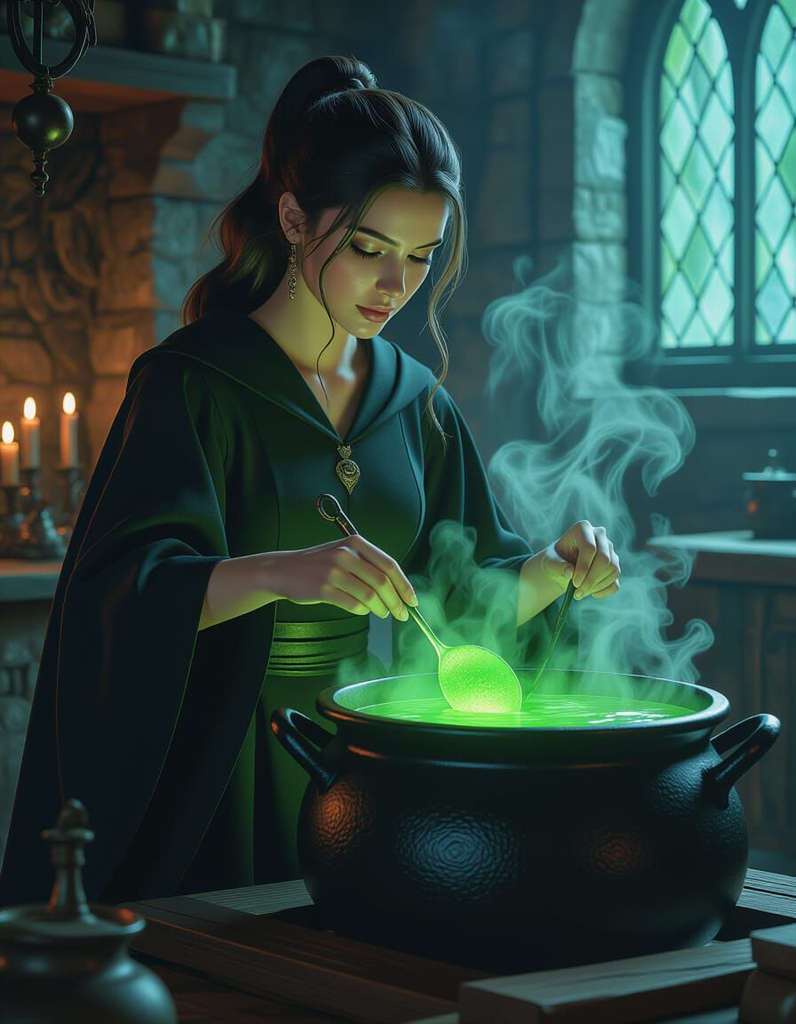 Potioneer Woman in Detailed Lab Stirring Cauldron