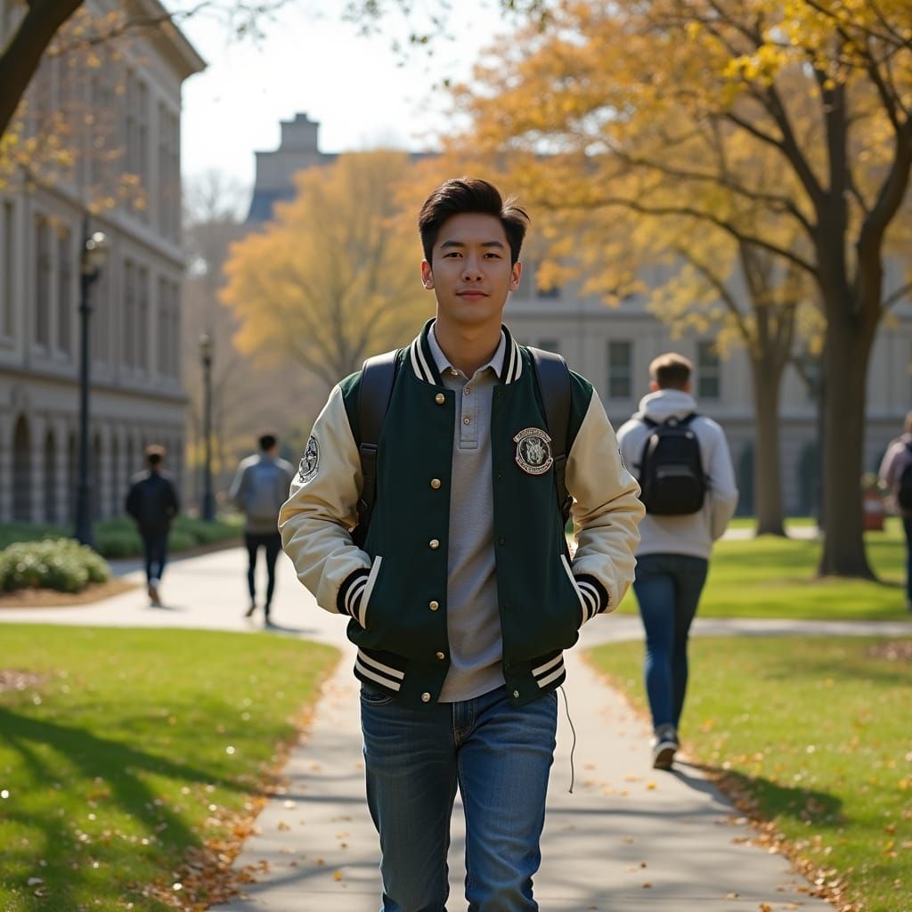 Young Man in Varsity Jacket on Autumn University Campus