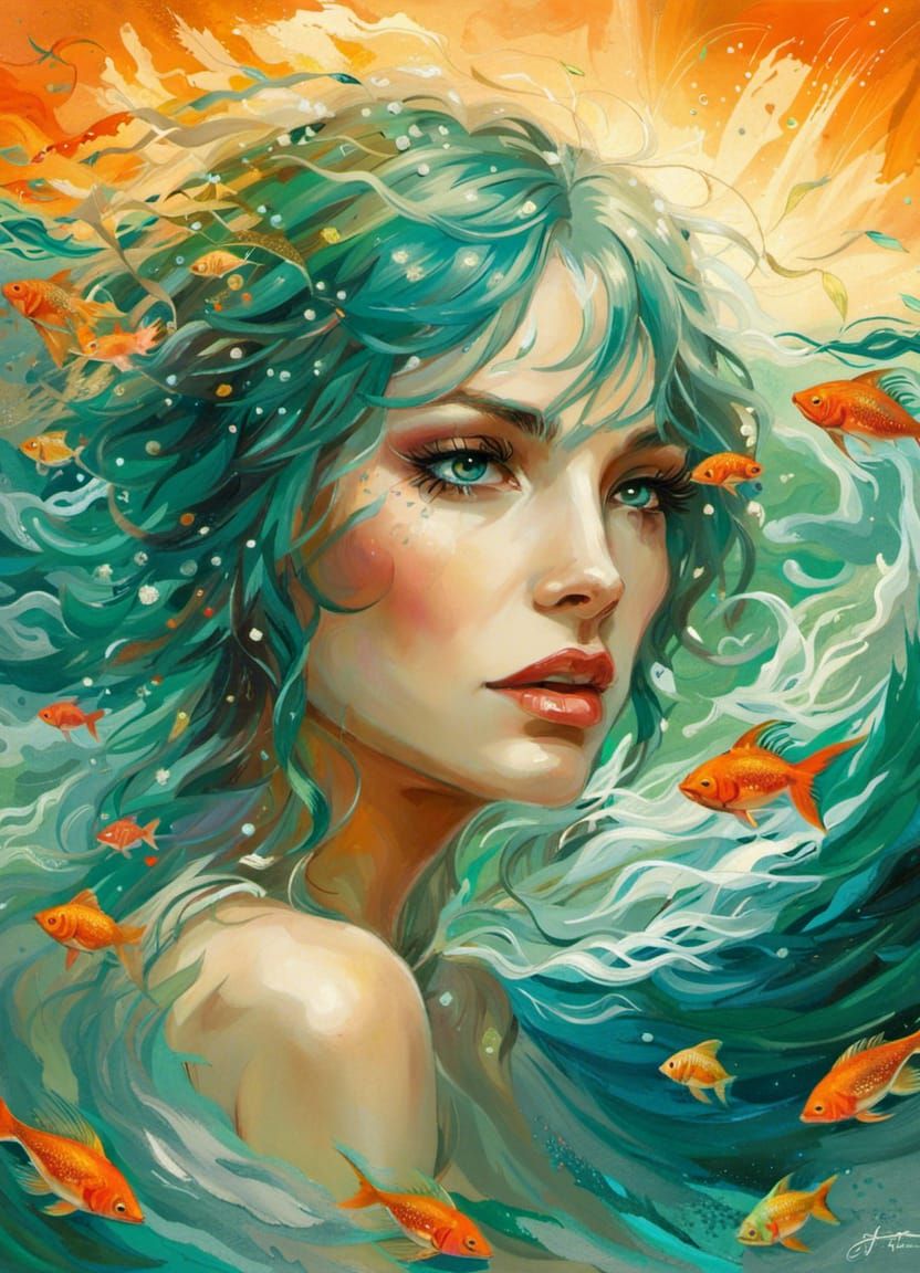 Turquoise Haired Woman Surrounded by Fish