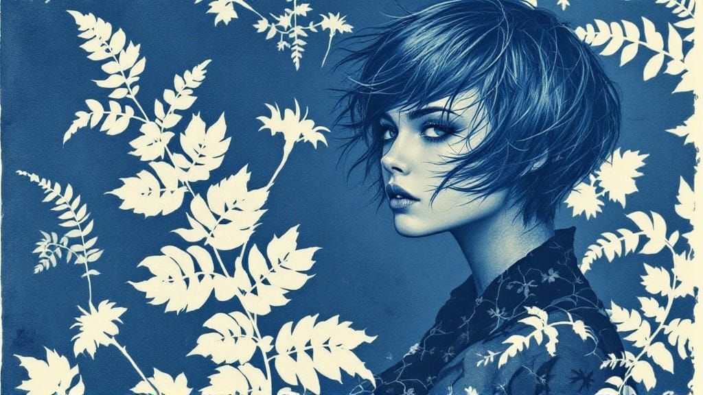 Ethereal Botanical Enchantress in Prussian Blue and Sepia