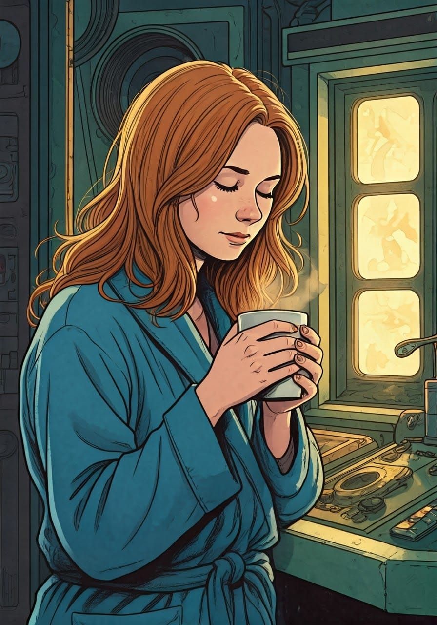 Sleepy Amy Pond Sips Morning Coffee in the Tardis