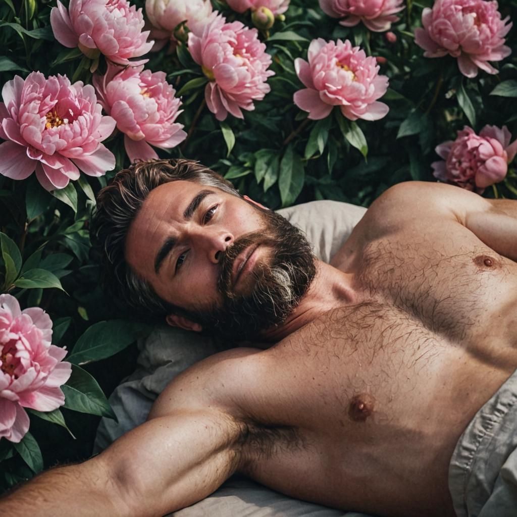 Bearded Man on Peonies in Cinematic Style