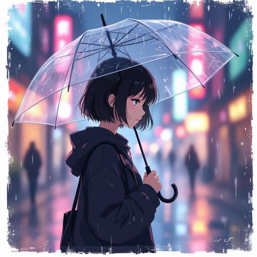 Girl with Umbrella in Neon Rain, Anime-Style Illustration
