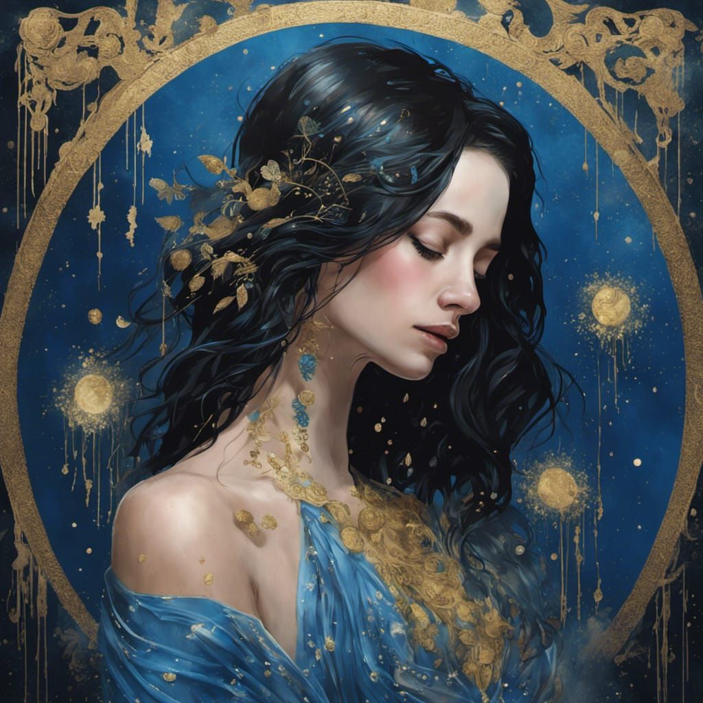 Woman in Blue Gown with Bioluminescent Moon