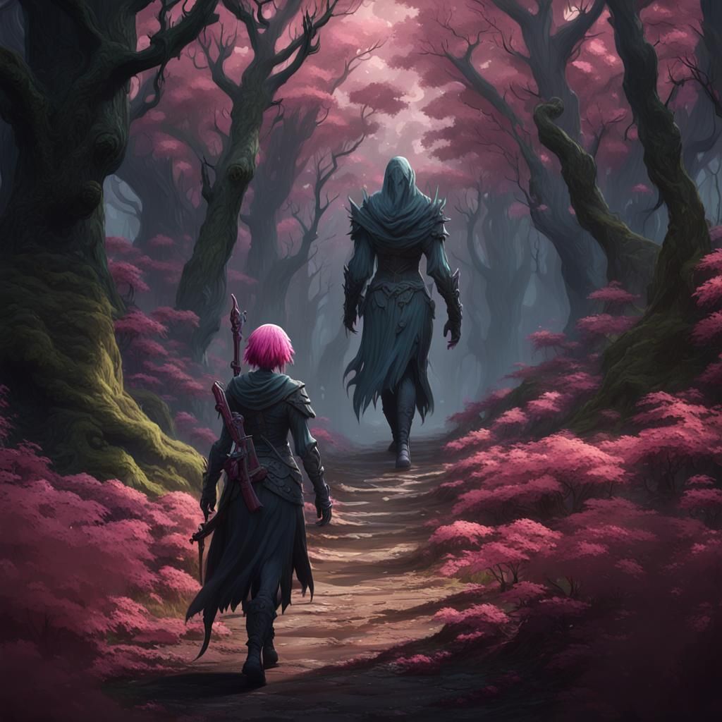 Pink Haired Reaper in Shadowy Forest