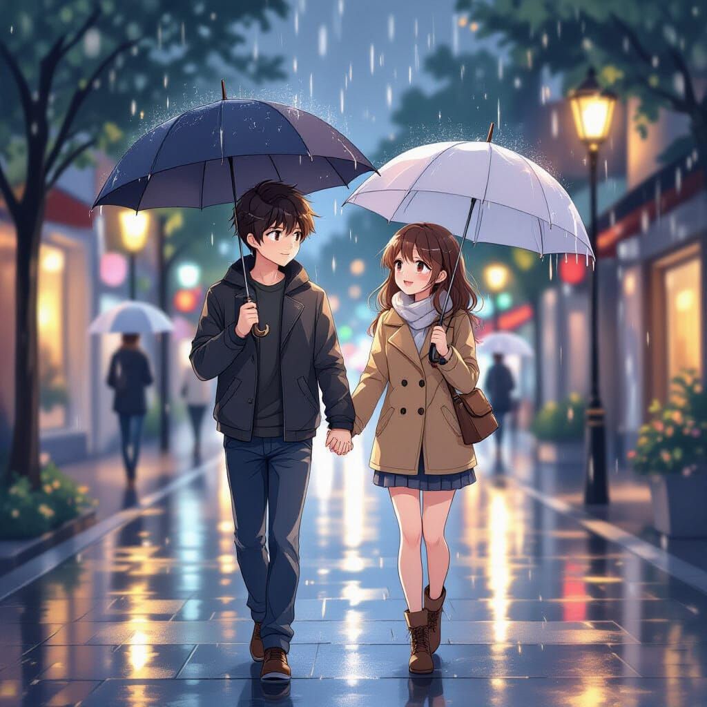Cute Anime Couple Shares Umbrella on Rainy Sidewalk