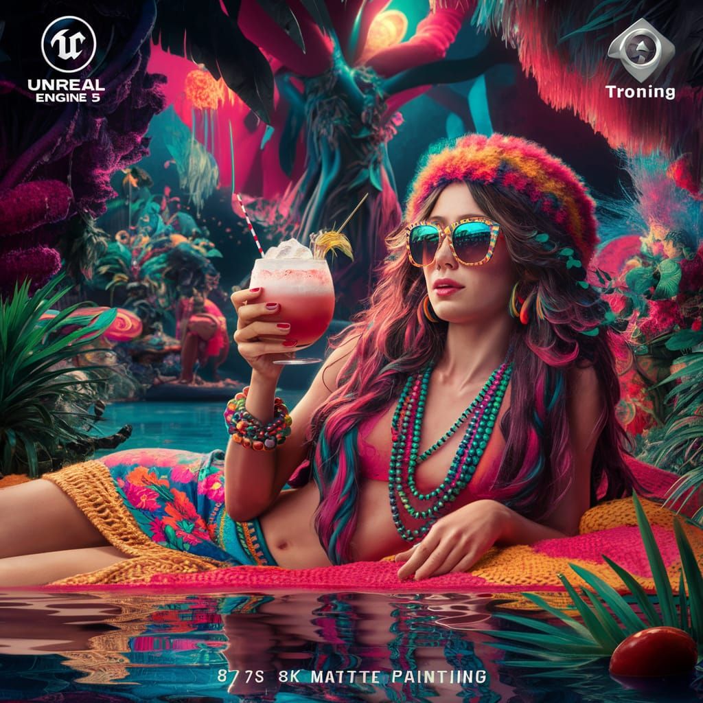 Hippie Girl Sipping Drink in Tropical Paradise