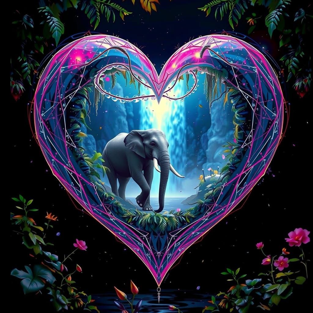Realistic Holographic Heart with Jungle Waterfall and Elepha...