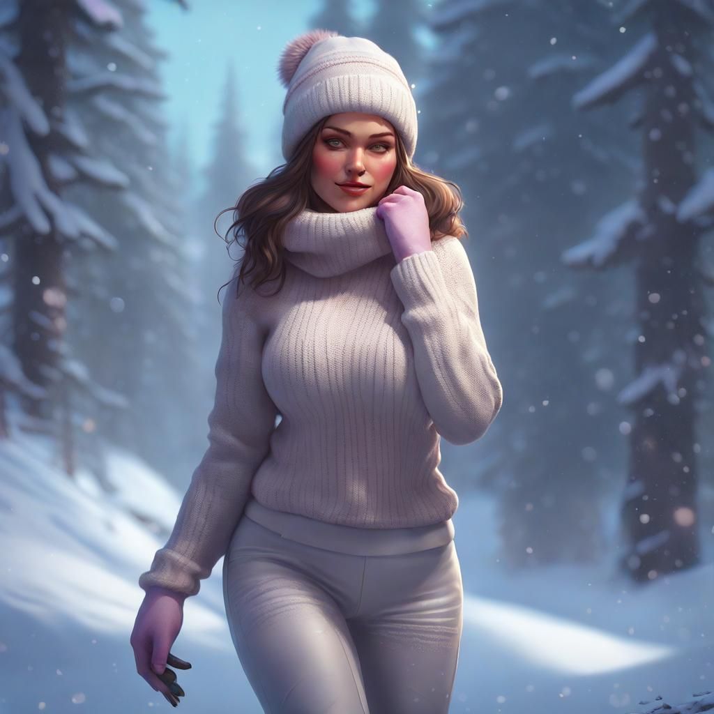 Curvy Girl in Snow, Romantic Art Nouveau Portrait