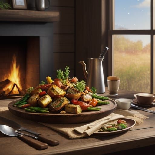 Warm Golden Hour Still Life of Roasted Vegetables and Meat