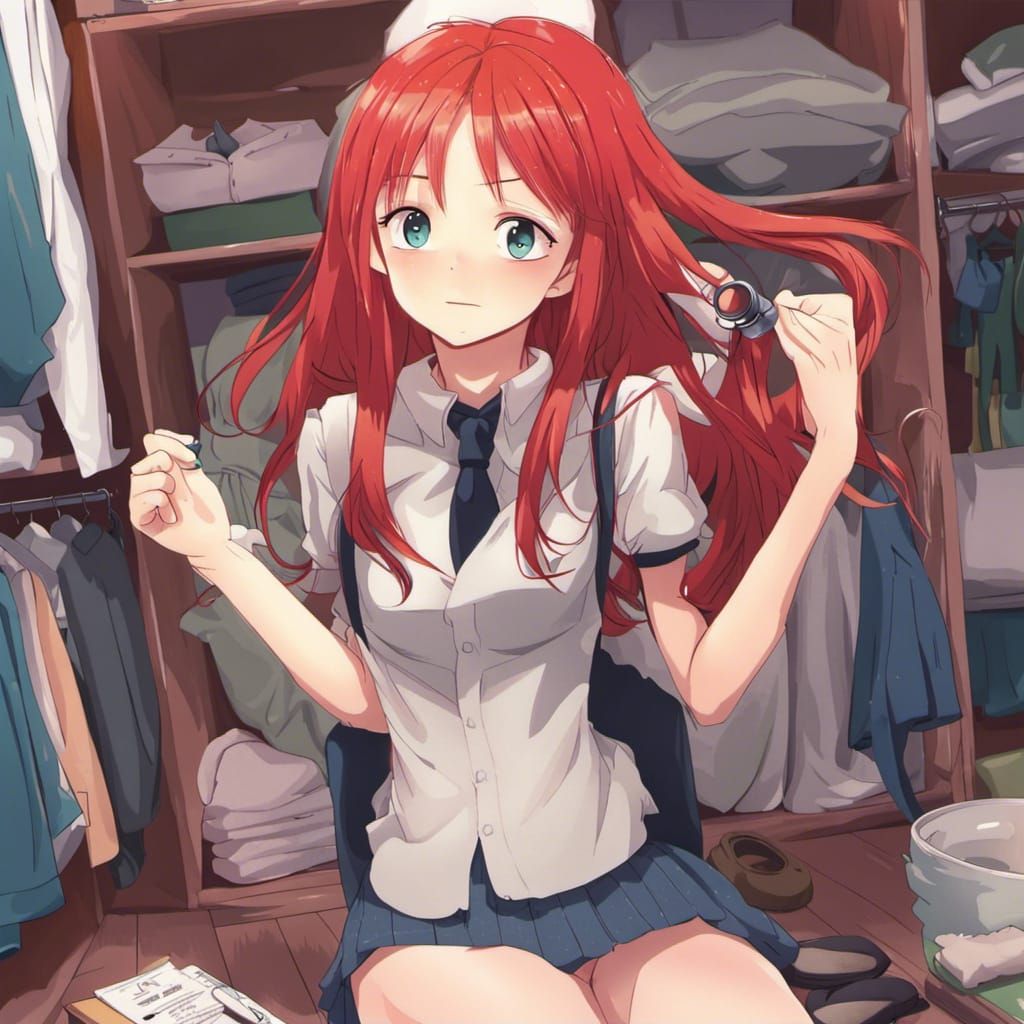 Anime Style: Red Hair Girl Getting Ready