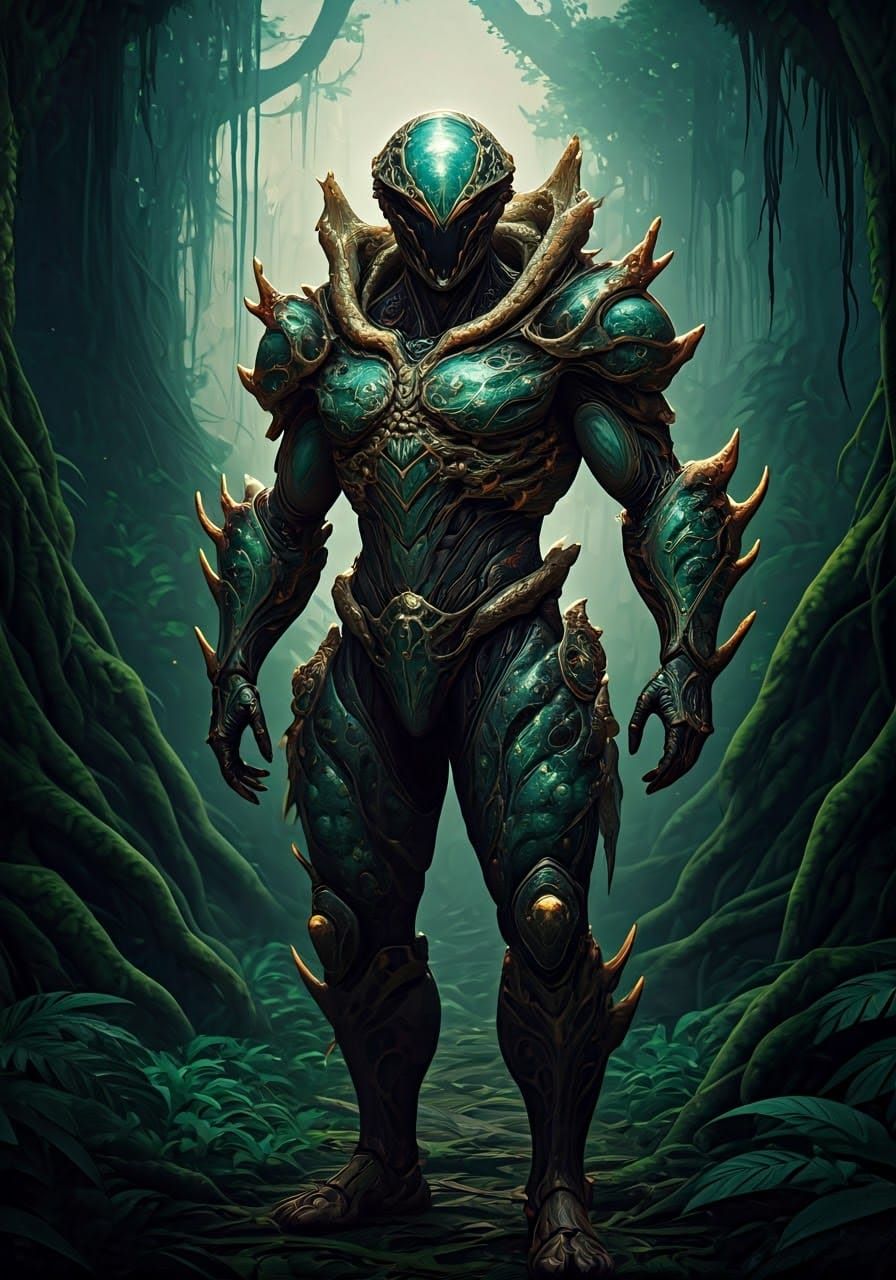 Surreal Sci-Fi Guardian in Lush Jungle Environment