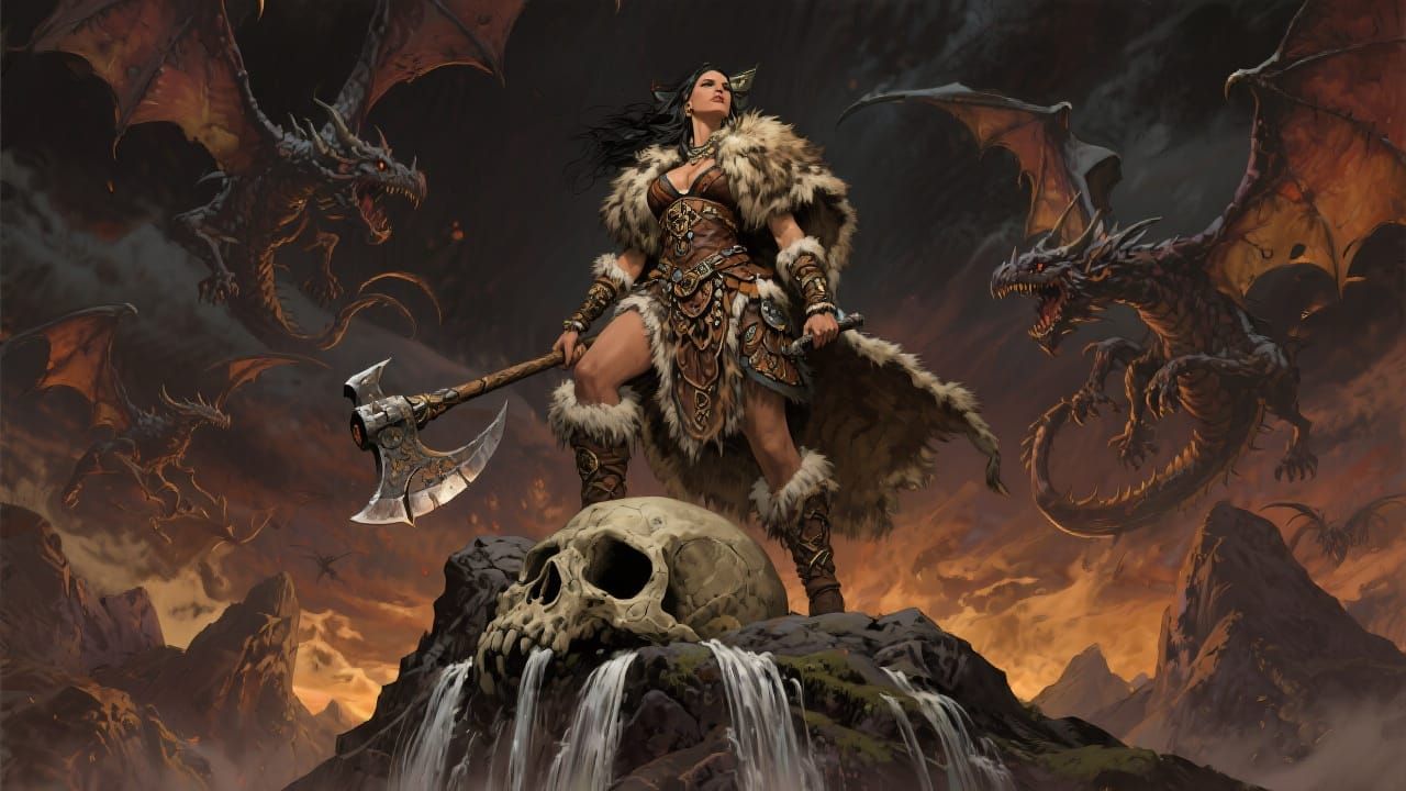 Barbarian Queen on Skull Mountain with Dragons