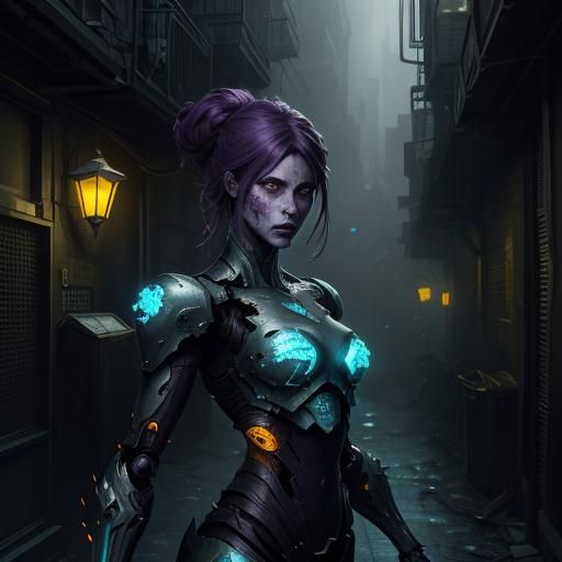 Hyperdetailed Robot Woman in Dark City Alley