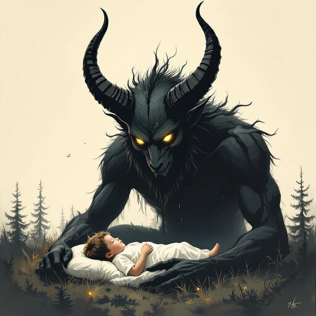 Demonic Creature Tenderly Carrying Child in Dark Forest