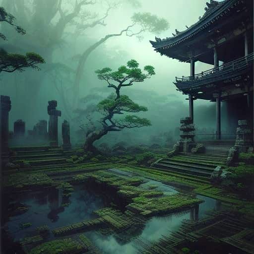 Geisha Meditates in Ruined City Under Double Moons