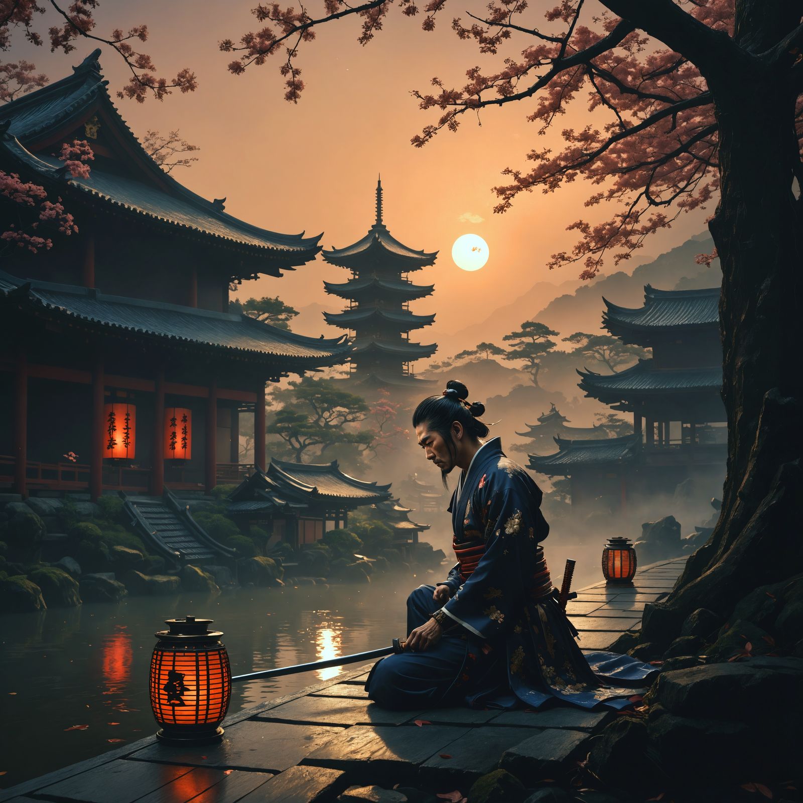 Samurai Mourns Lost Geisha in Vibrant Fantasy Scene