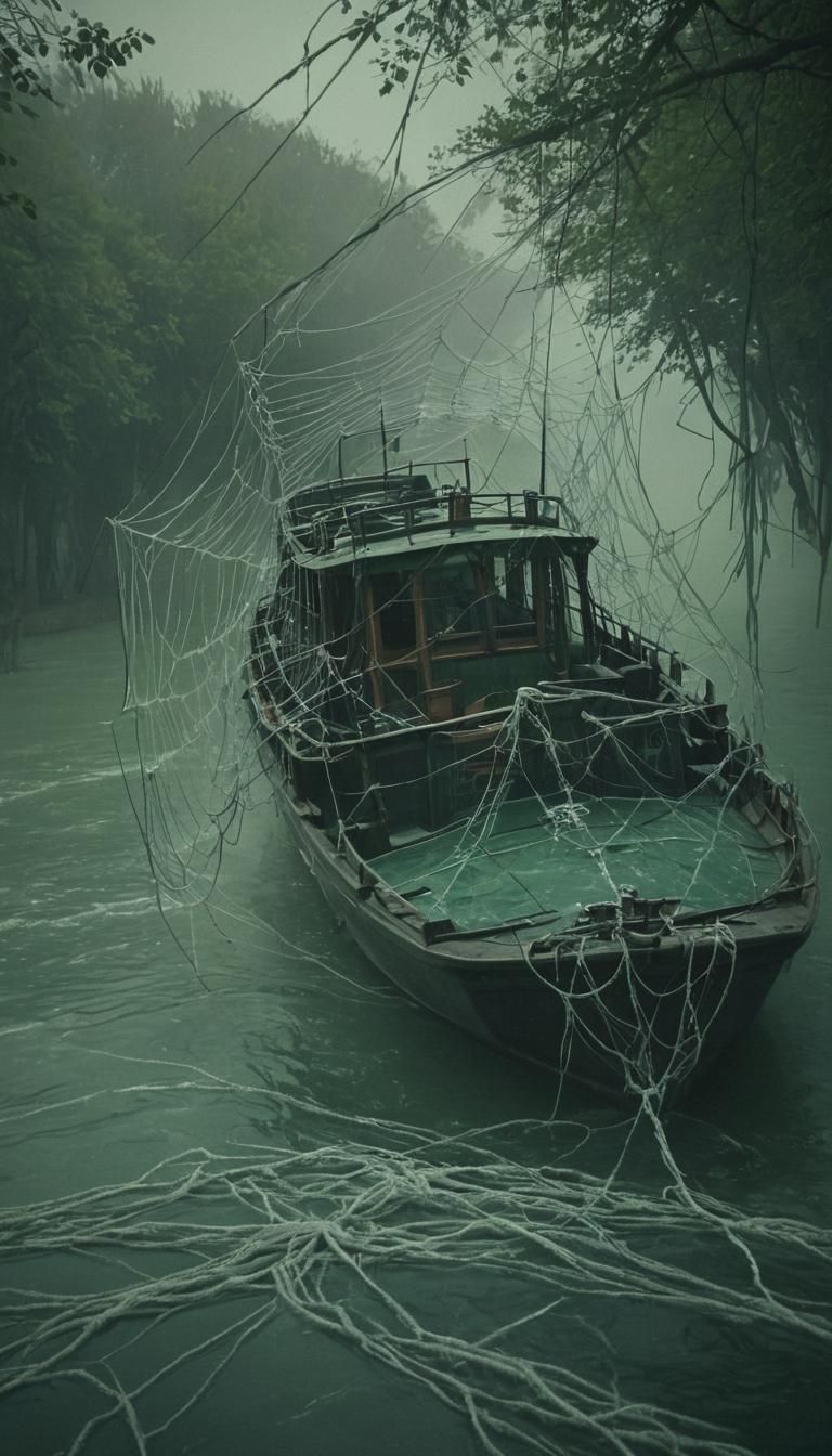 River Boat Entangled in Giant Web by Night
