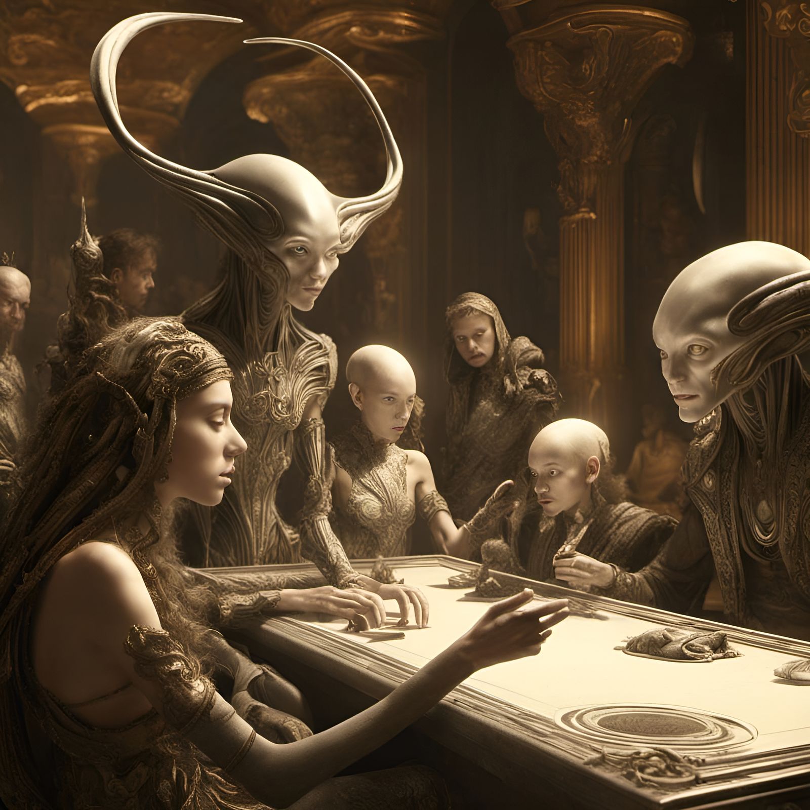 Futuristic Social Gathering: Hyperrealistic Alien Dreamscape