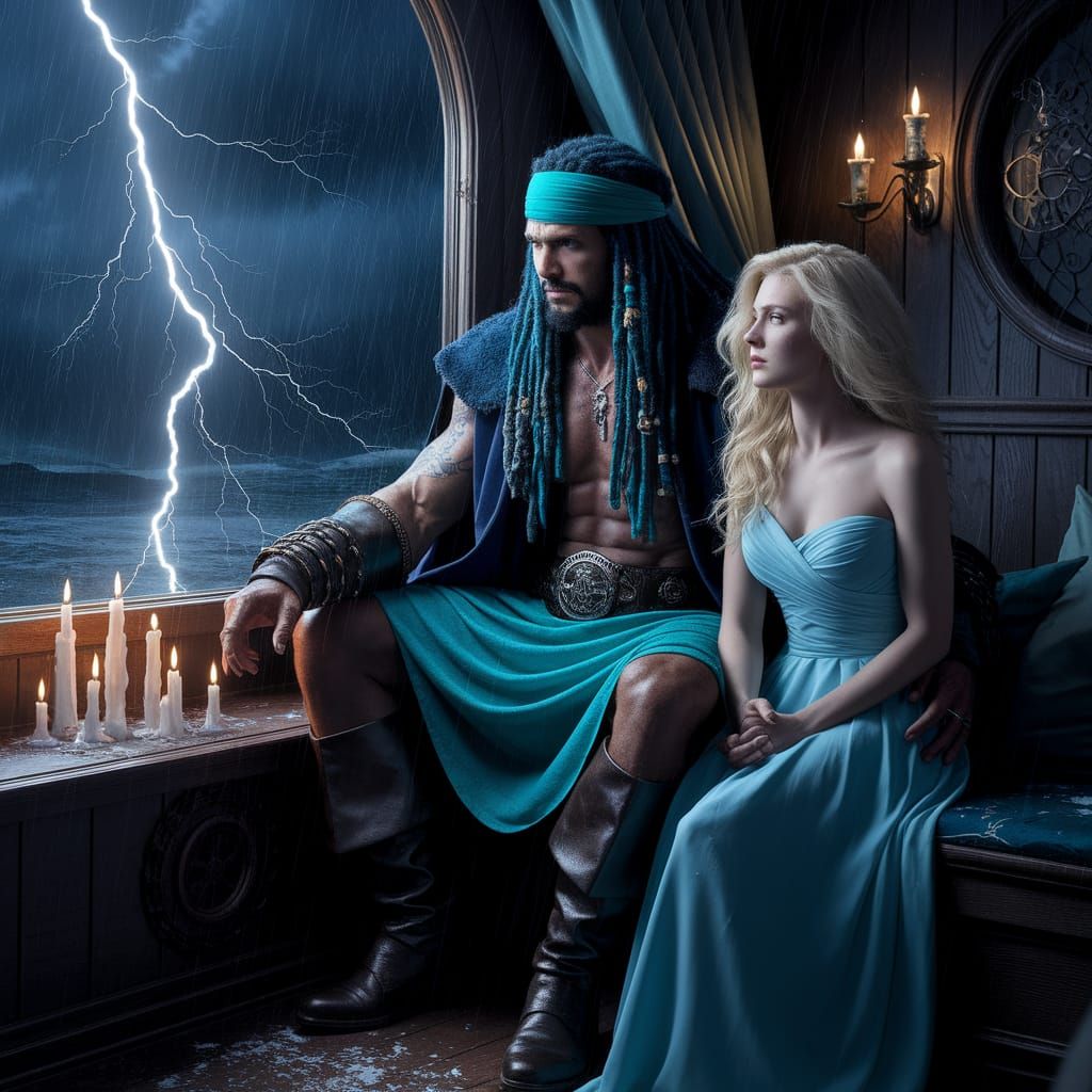 Mythical Sea King Sits Amidst Stormy Night on Pirate Ship