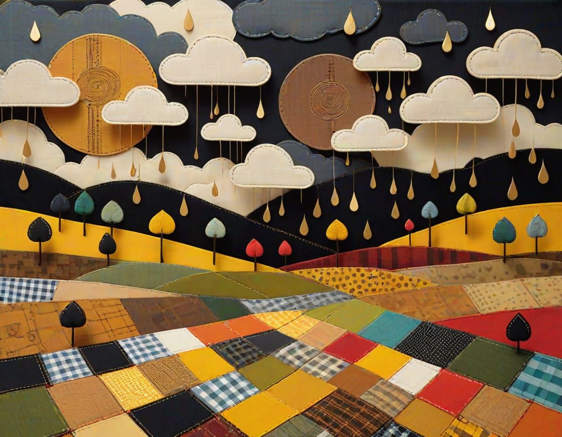 Surreal Rural Landscape in Fabric Collage Style