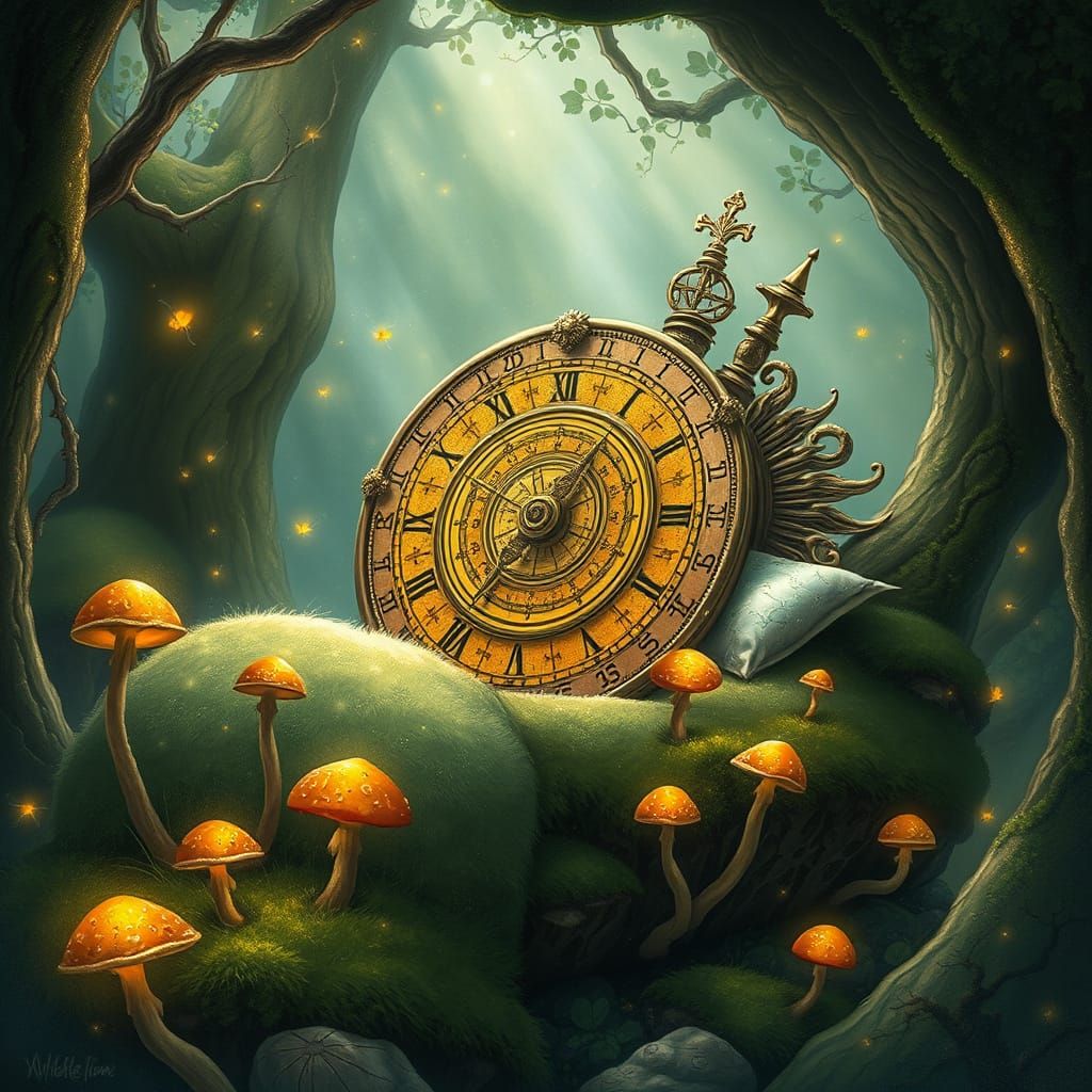 Sentient Sundial in Mystical Glowing Grove