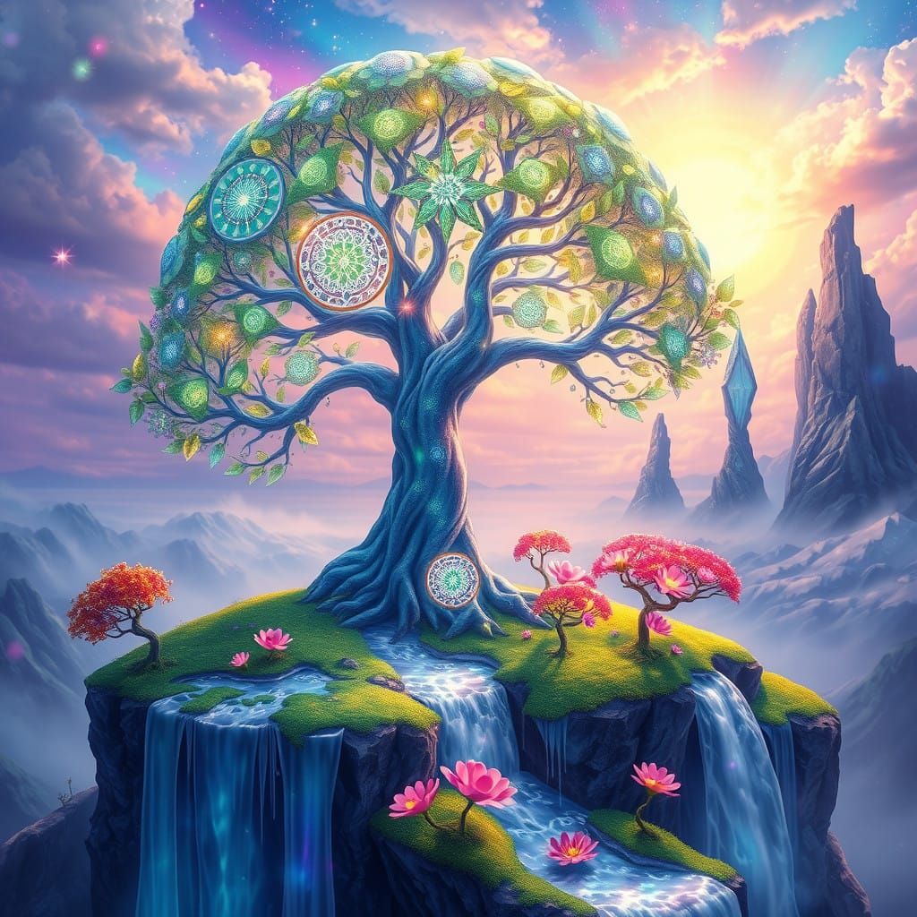 Crystal Tree Rising from an Iridescent Island in Cyberpunk S...