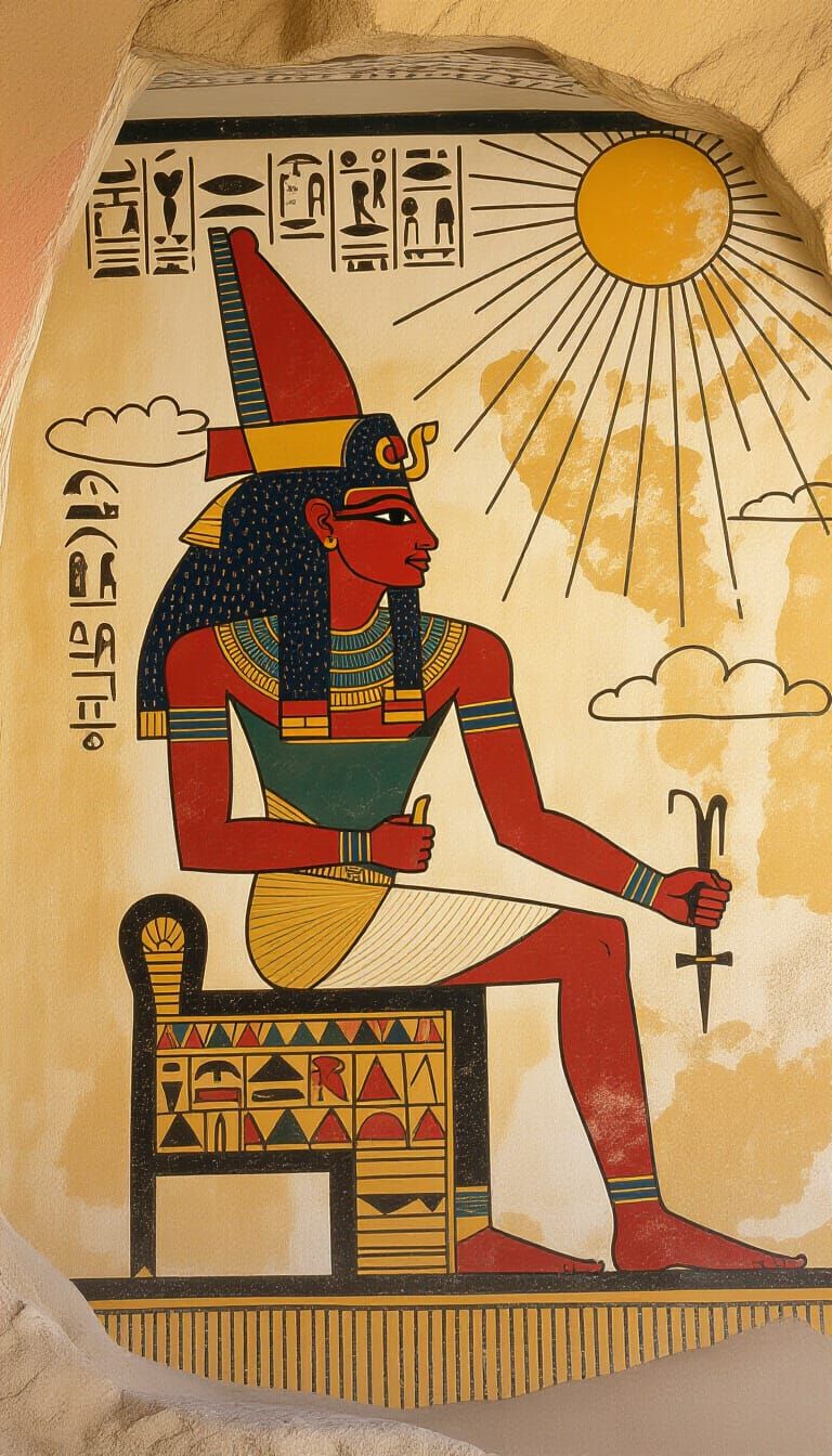 Pharaoh Enthroned in Ancient Egyptian Cave Painting Style