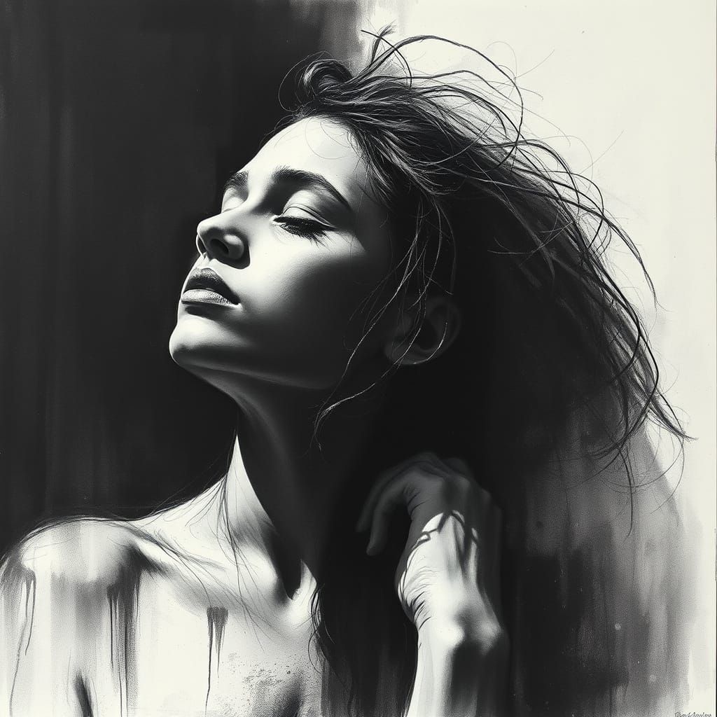 Soulful Woman in Shadows: Charcoal Drawing with Expressive T...