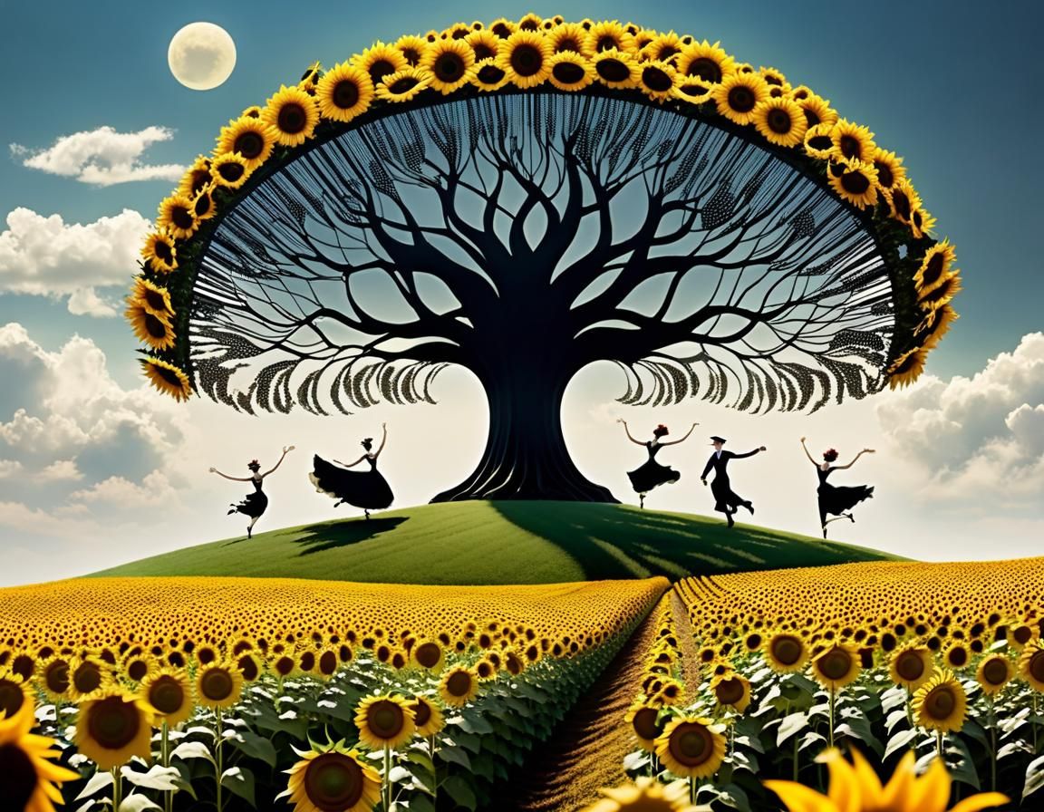 Dancing Children in Sunflower Field, Art Deco Style