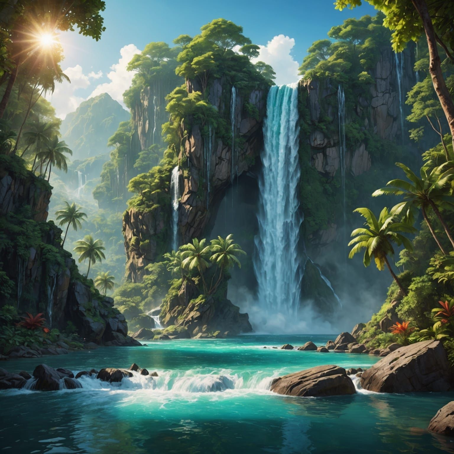 A beautiful waterfall cascading into a lagoon with luscious voyage and beautiful scenery surrounding it.