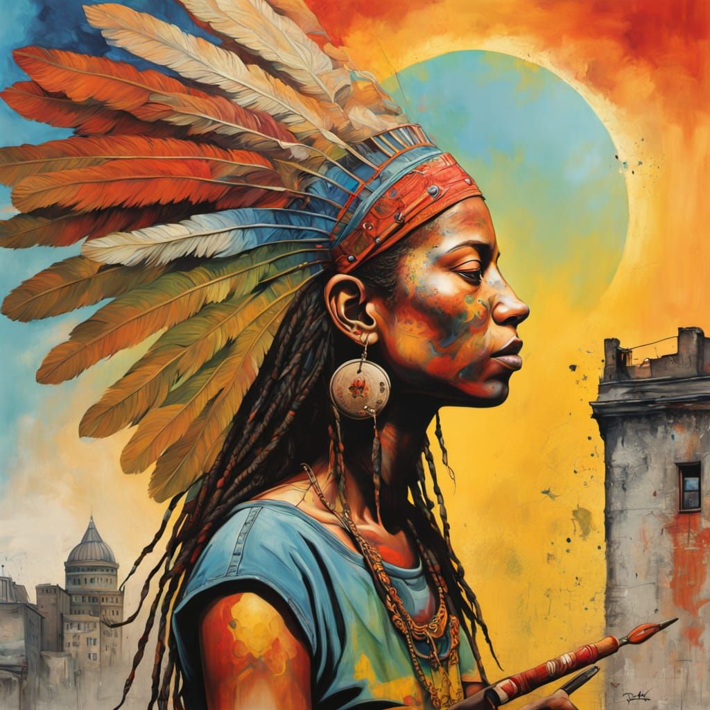 Vibrant Street Art of Aries Native Woman Shamanic Drummer