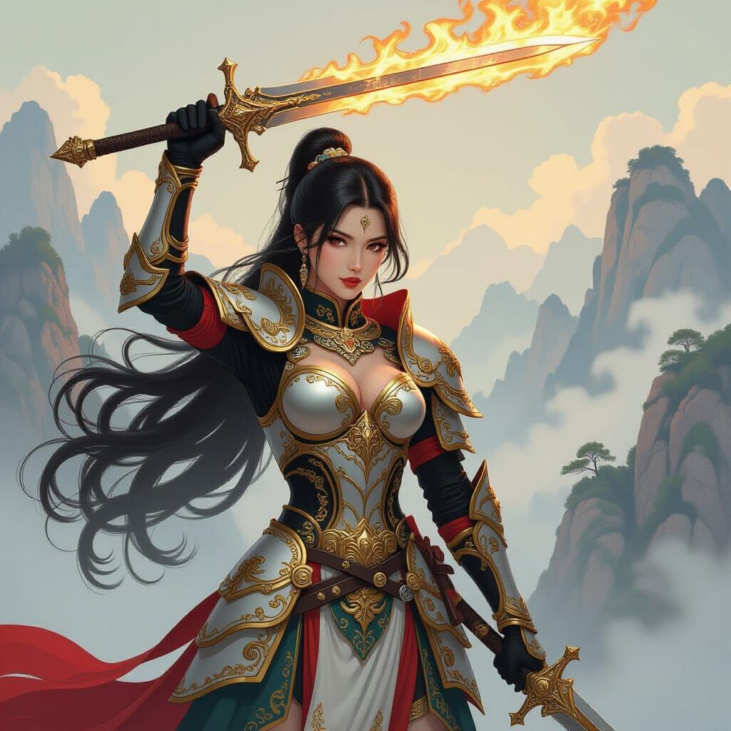 Chinese Knight with Flaming Sword, Alphonse Mucha Style